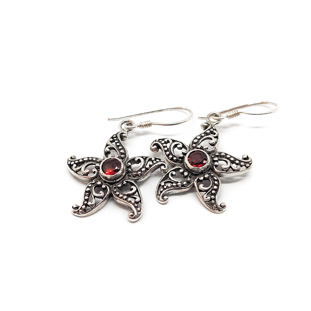 Anting Earrings Hook Juntai Bintang Laut Star Batu Natural Garnet Perak Silver Bali Asli 925 Wanita 
