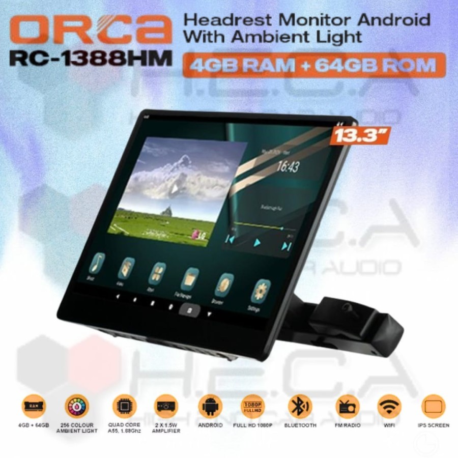 ORCA Headrest Clip On 13.3" Android 4/64 GB 2K IPS RC-1388HM Head Rest TV RC1388HM
