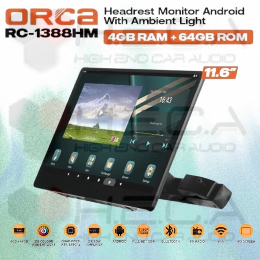 ORCA Headrest Clip On 11.6" Android 4/64 GB 2K IPS RC-1388HM Head Rest TV RC1388HM