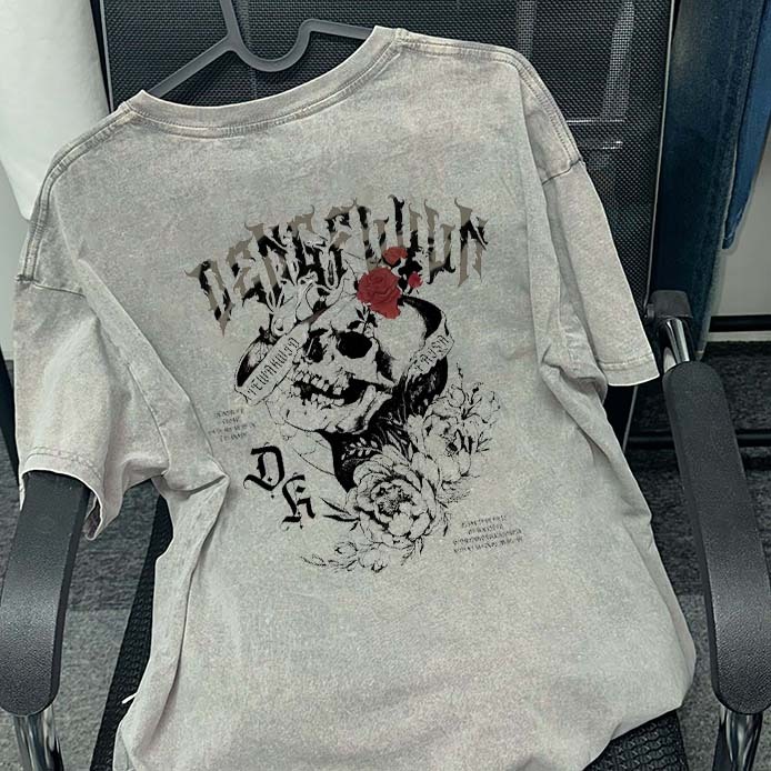 Mawar tengkorak kepribadian jalanan T Shirt Longgar |Kaos Pria Premium Tebal |Kaos Pria|Kaos Import 