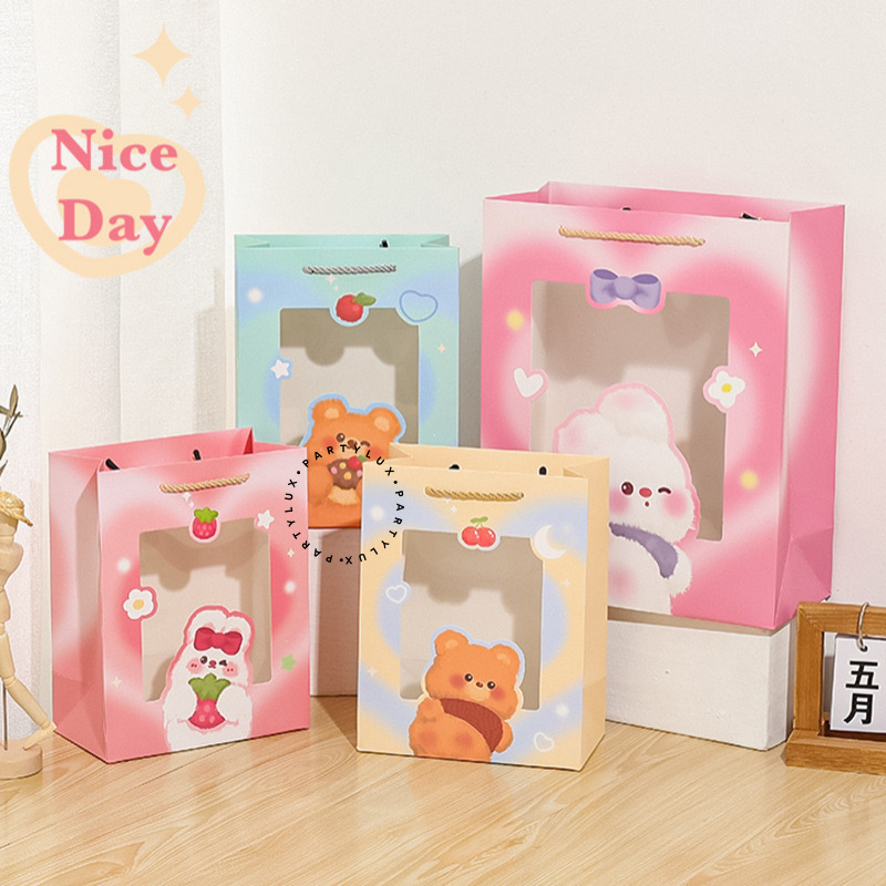 Paper Bag Transparan Motif Lucu Gradasi Bear Rabbit / Paper Bag Plastik Aesthetic / Goodie Bag Tas K