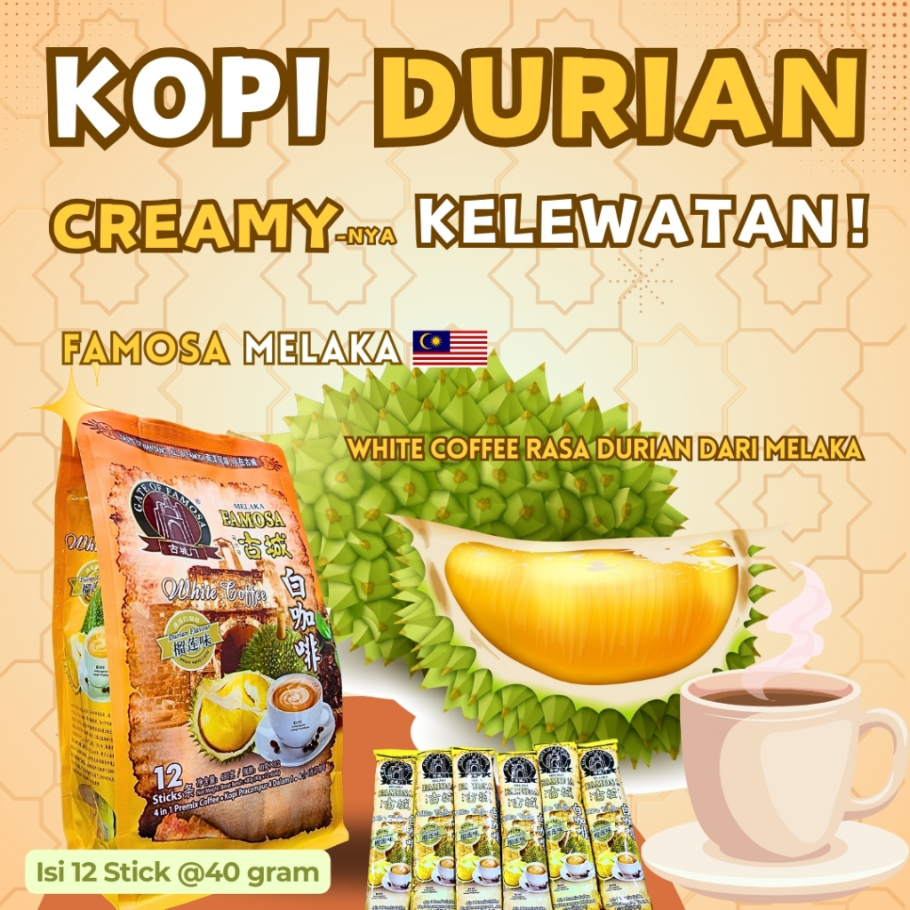 

Famosa Melaka Kopi Durian White Cofee Isi 12 Saset @40 Gram 4 in 1 Import dari Malaysia Halal BPOM