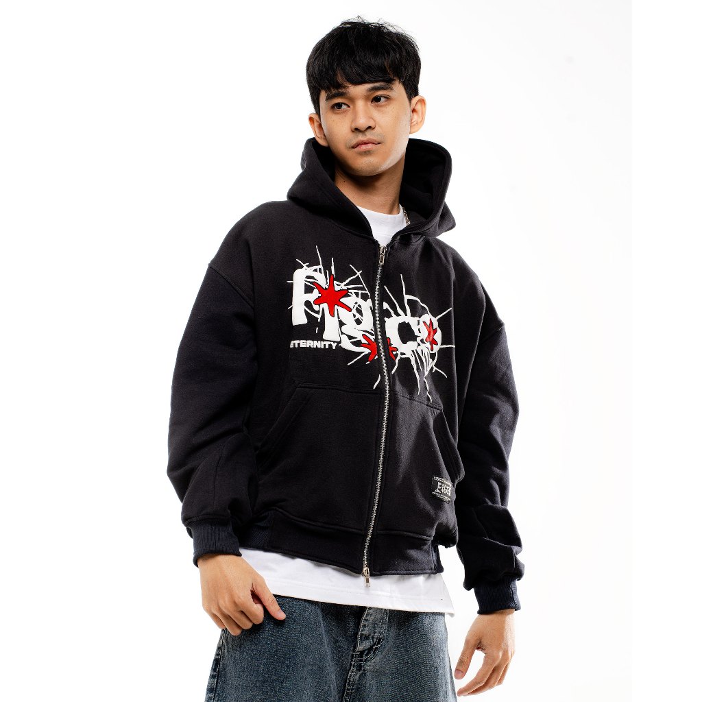 Figco - Hoodie Boxy Zipper Two Way Hitam Boxy Hoodie Zipper Eternal Symbiote Black