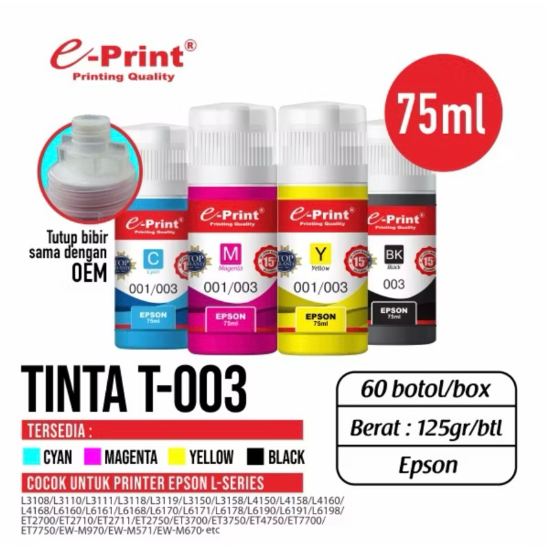 EPSON TINTA EPRINT 75 ml TIPE 003,001  EPRINT TINTA EPSON 75 ML TINTA PRINTER EPSON