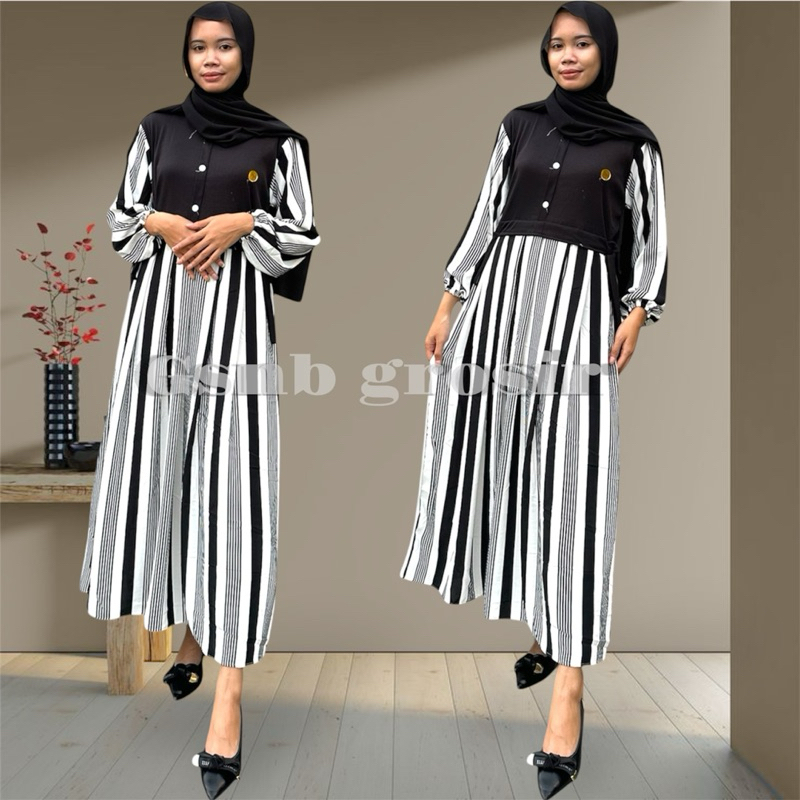MIDI DRESS NAJWA CRINKLE PREMIUM MOTIF SALUR KOMBINASI KNIT FREE BROSS