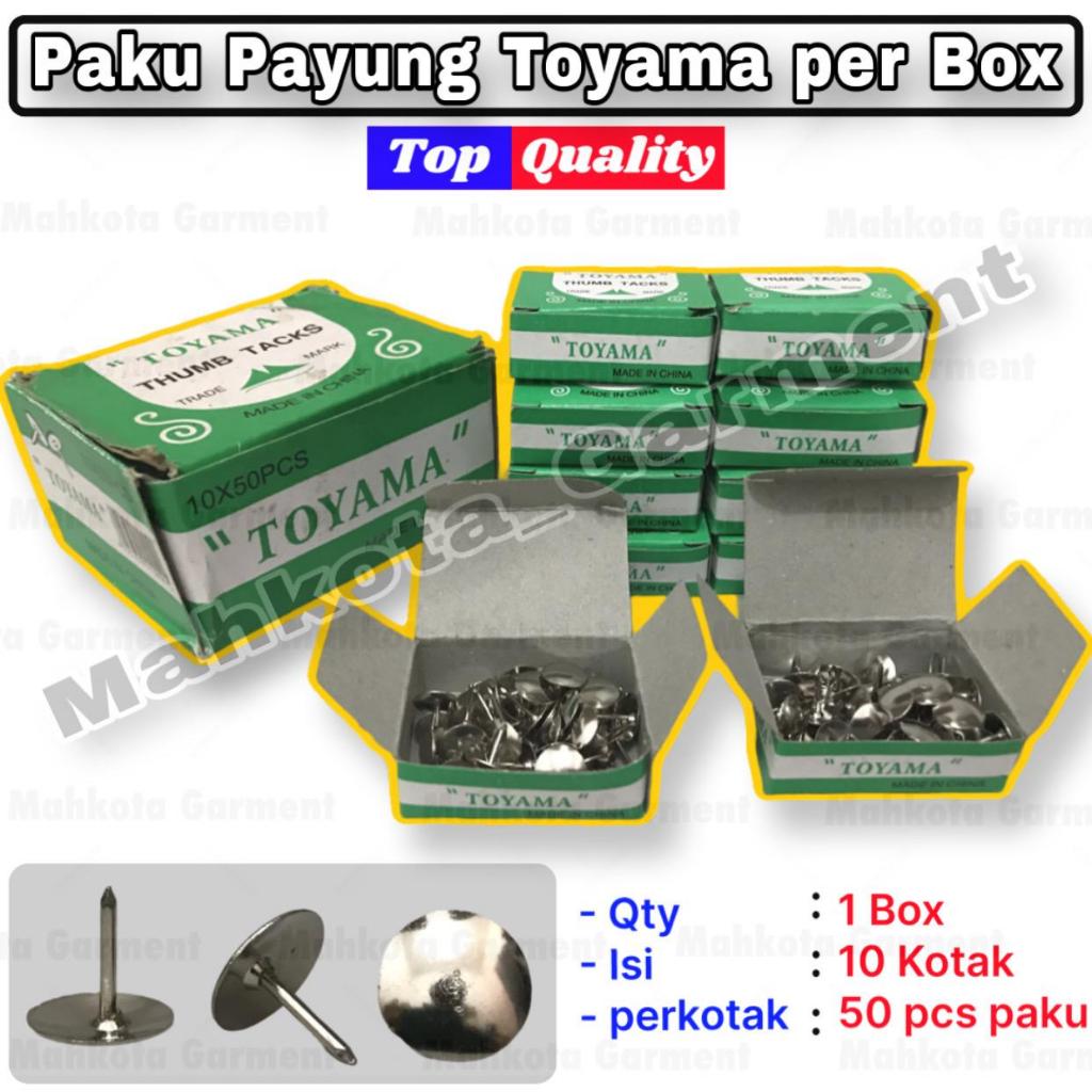 

1 Box isi 10 Kotak | Paku payung TOYAMA | paku pines | Paku Tekan | paku tindis | paku payung kecil | paku usuk | pakupayung | paku payung meja | paku payung stainless | paku payung hias | paku tekan | paku picik payung | paku payung 1cm | paku jamur