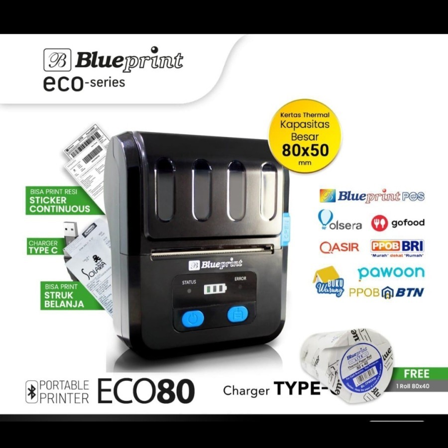 Printer Thermal Blueprint ECO80 80mm Portable Bluetooth dan usb - Printer thermal label Eco 80 Bater