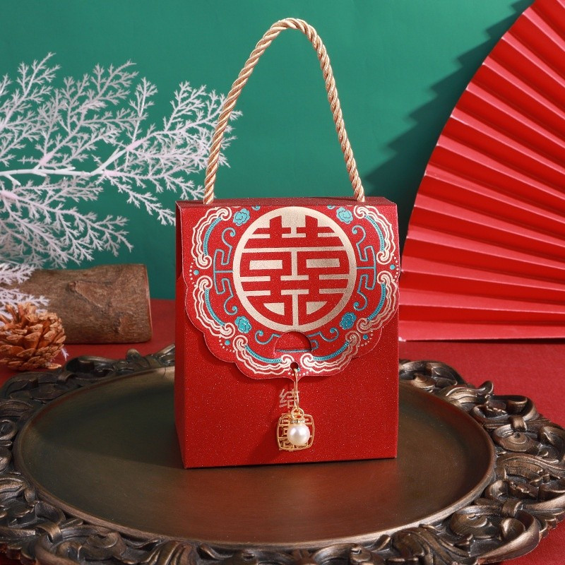

( 10 Pcs )Tas Jinjing Imlek Merah Paperbag New Year Sincia Wedding Sangjit Shuangxi Ukuran 13x11x6 Cm