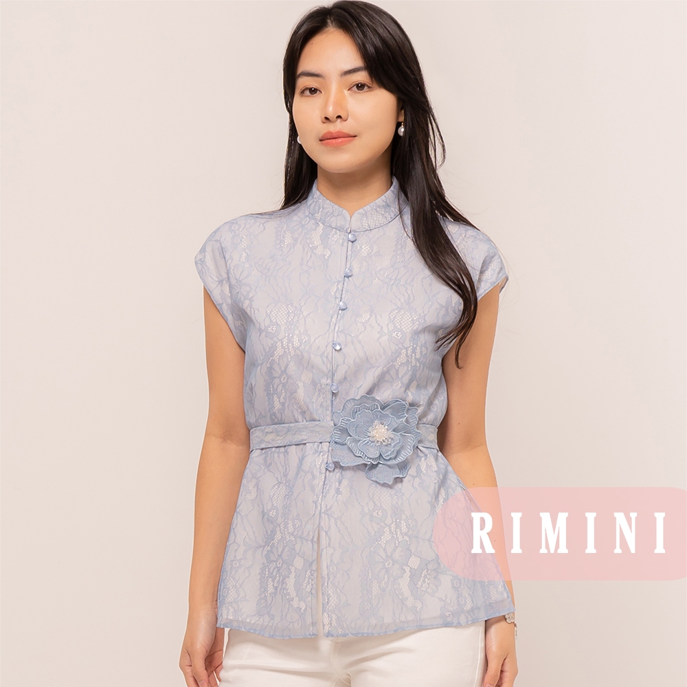 RIMINI - Agracia Top CC32206 Blus Brokat Premium Wanita Lengan Pendek Kerah Shanghai Belt Bunga Outf