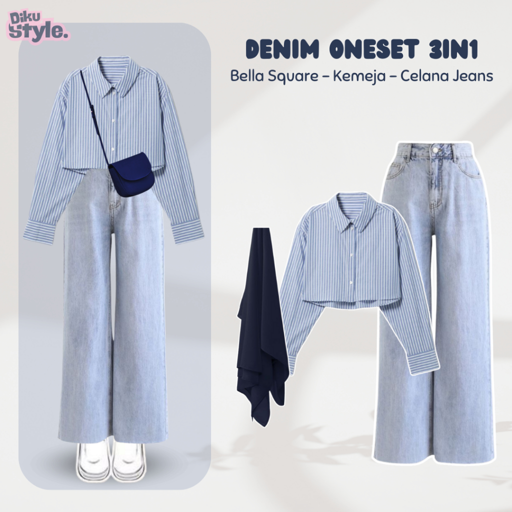 Oneset Denim Wanita 3in1 Terbaru ( Celana Loose Jeans Light Blue Premium + Kemeja Crop Salur Garis S