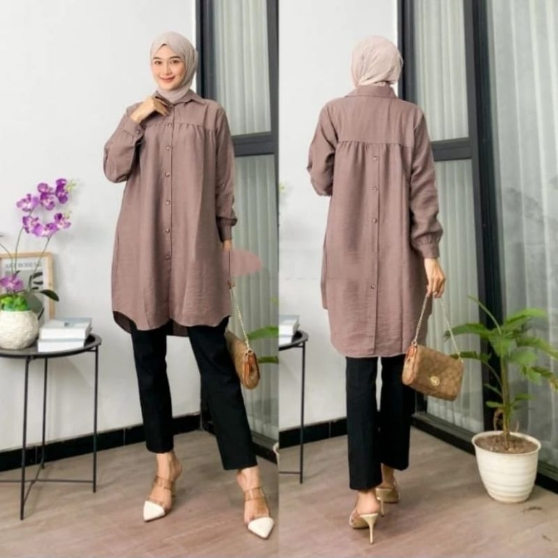 Tunik Polos Polo Linen Kancing Depan Belakang|| Kemeja Wanita Lengan Panjang|| Tunik Polo Linen