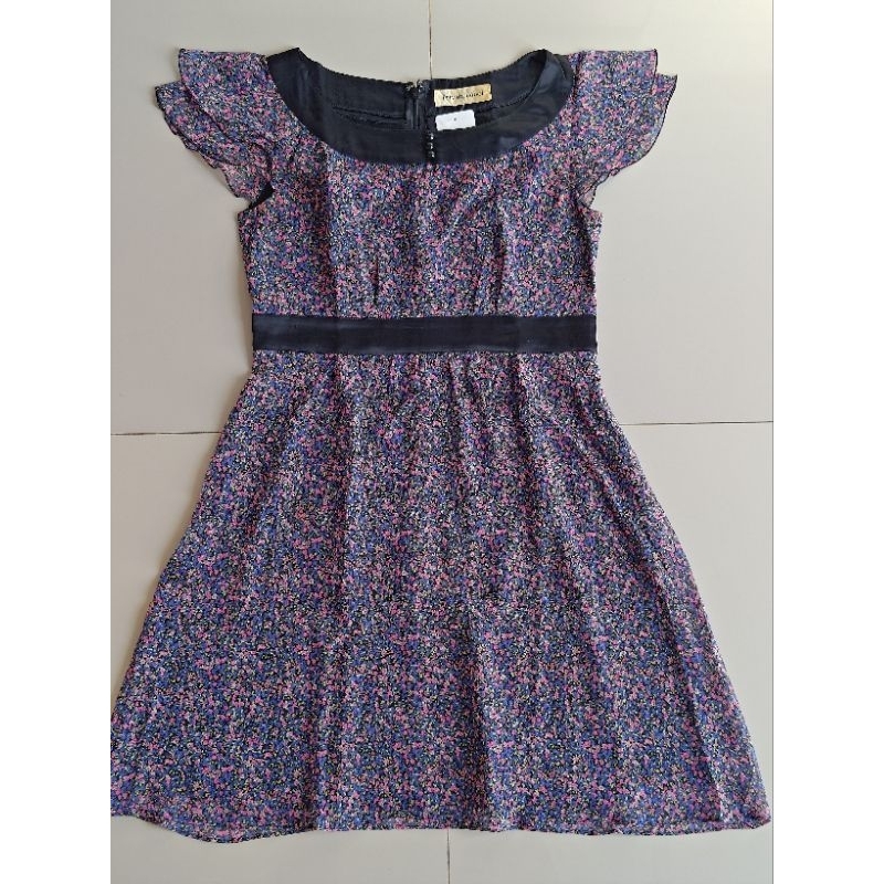 Dress remaja, anak sifon berfuring motif bunga ungu LD 82-84 Korean style