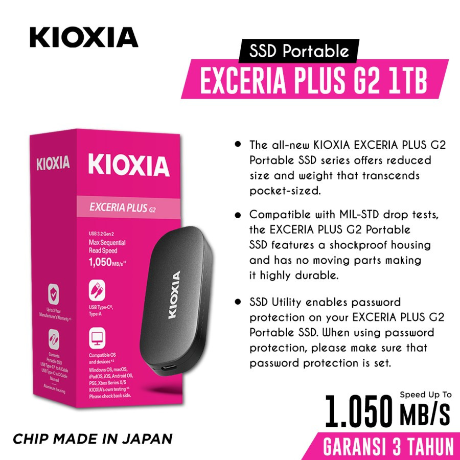 KIOXIA EXCERIA G2 Portable SSD 1TB / Portable SSD / Read 1050 MB/s Write 1000 MB/s / Garansi Resmi 3
