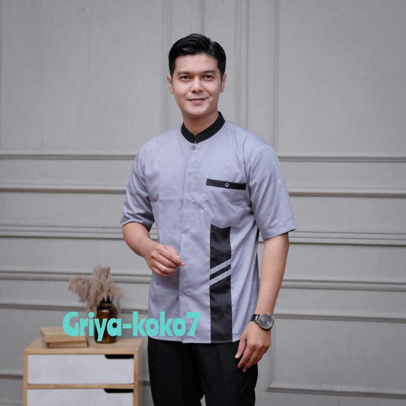 Baju Koko Lengan Pendek Motif Kombinasi Kain Katun Toyobo