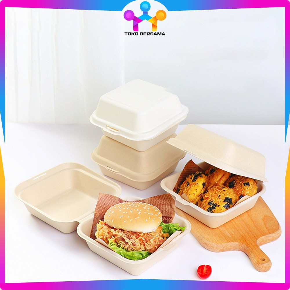 Kotak Bagasse Box Serat Tebu Lunch Box Burger 6in Food Grade / Mini Box Food Container / Kotak Bento