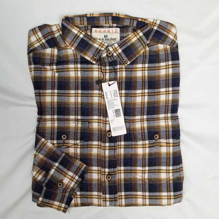 Kemeja Flanel Pria Lengan Panjang Slimfit | ESPRIT Brand Navy Kotak-Kotak Kombinasi 005