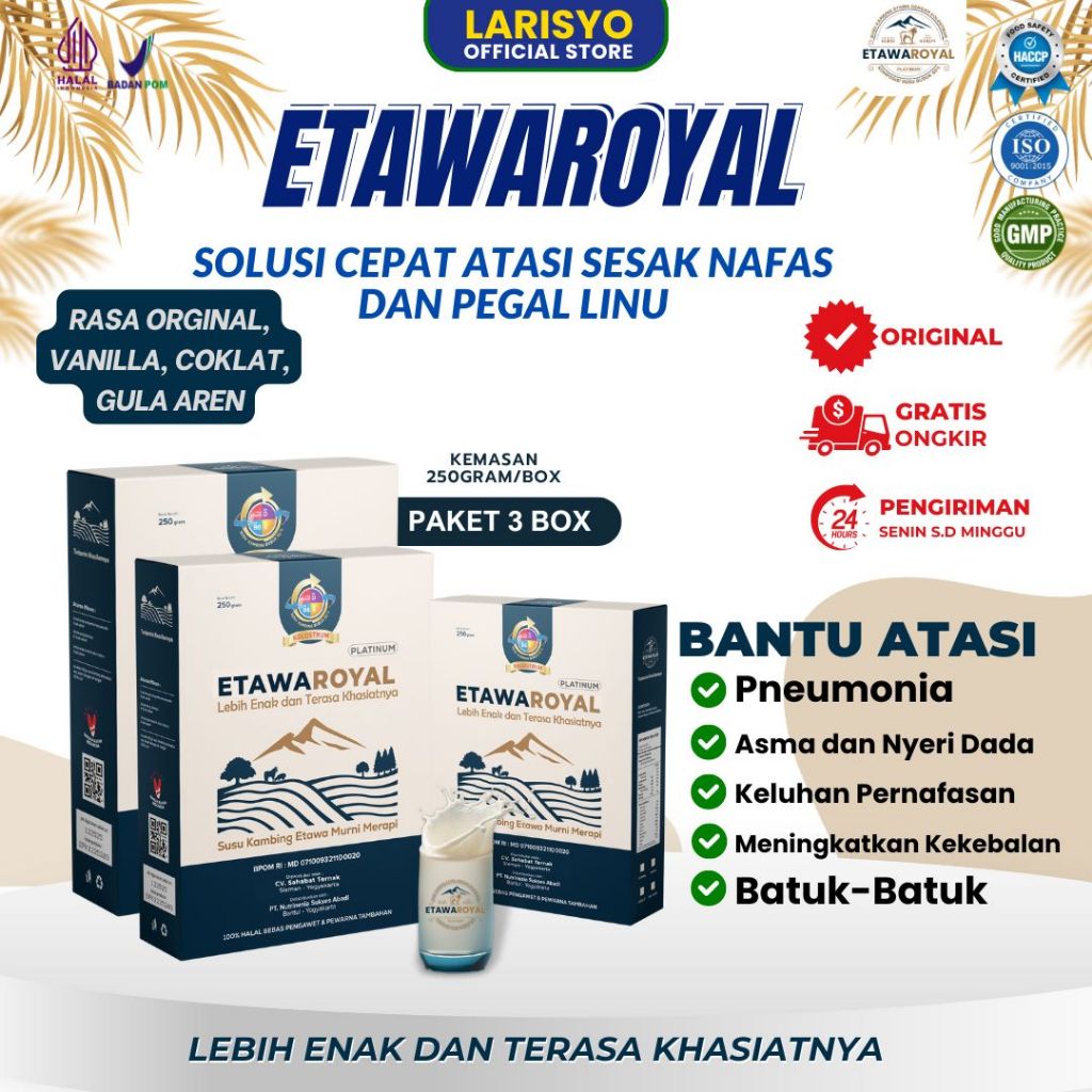 

ETAWAROYAL Platinum 3 Box Susu Kemasan 250gr Kambing Etawa Premium Untuk Therapi Nyeri Sendi, Pegal Linu, Keluhan Pernafasan, Asam Lambung