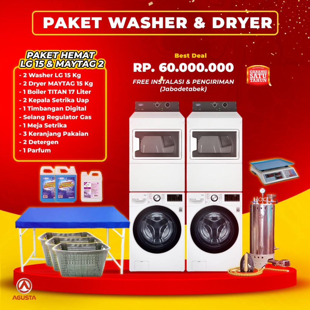 MESIN LAUNDRY NON KOIN (2 SET) PAKET LENGKAP LG 15KG & PENGERING