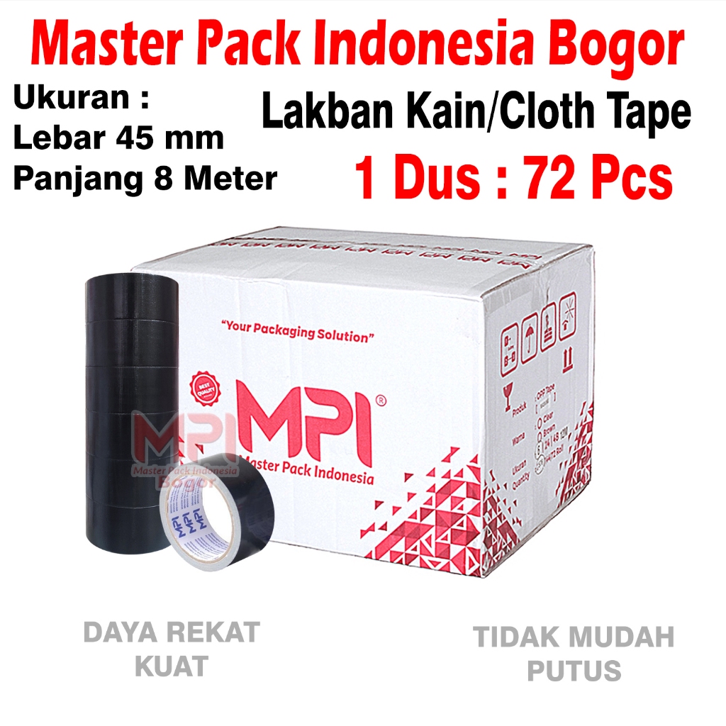

1 DUS / 72 PCS - Lakban Kain Hitam 45 mm x 8 Meter - Cloth Tape Hitam - Master Pack Indonesia Bogor