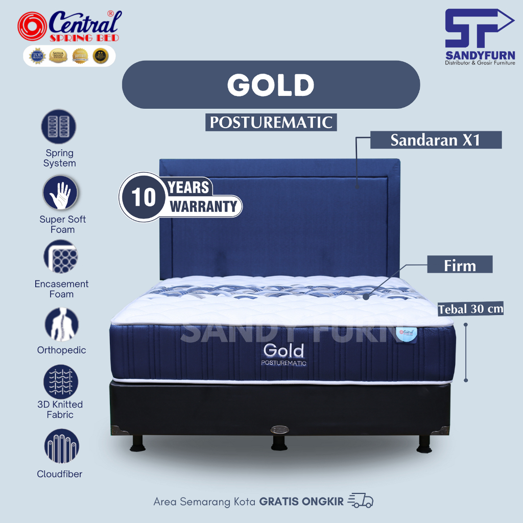 CENTRAL Spring Bed - Gold - Semua Ukuran - Kasur + Sandaran