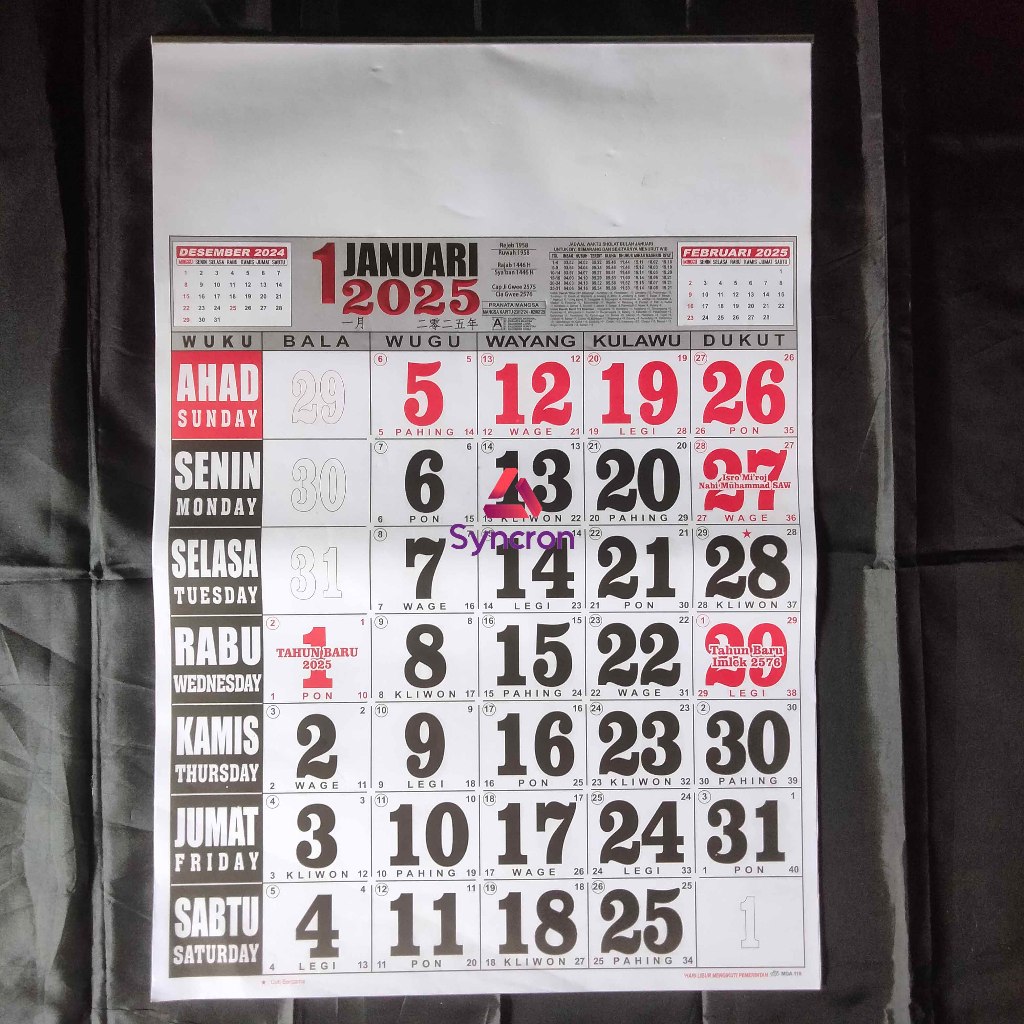 

Kalender 2025 Jumbo Ukuran 44x64cm dengan Angka Besar dan Lengkap Masehi, Hijriah, Jawa, Asapon dan Cina