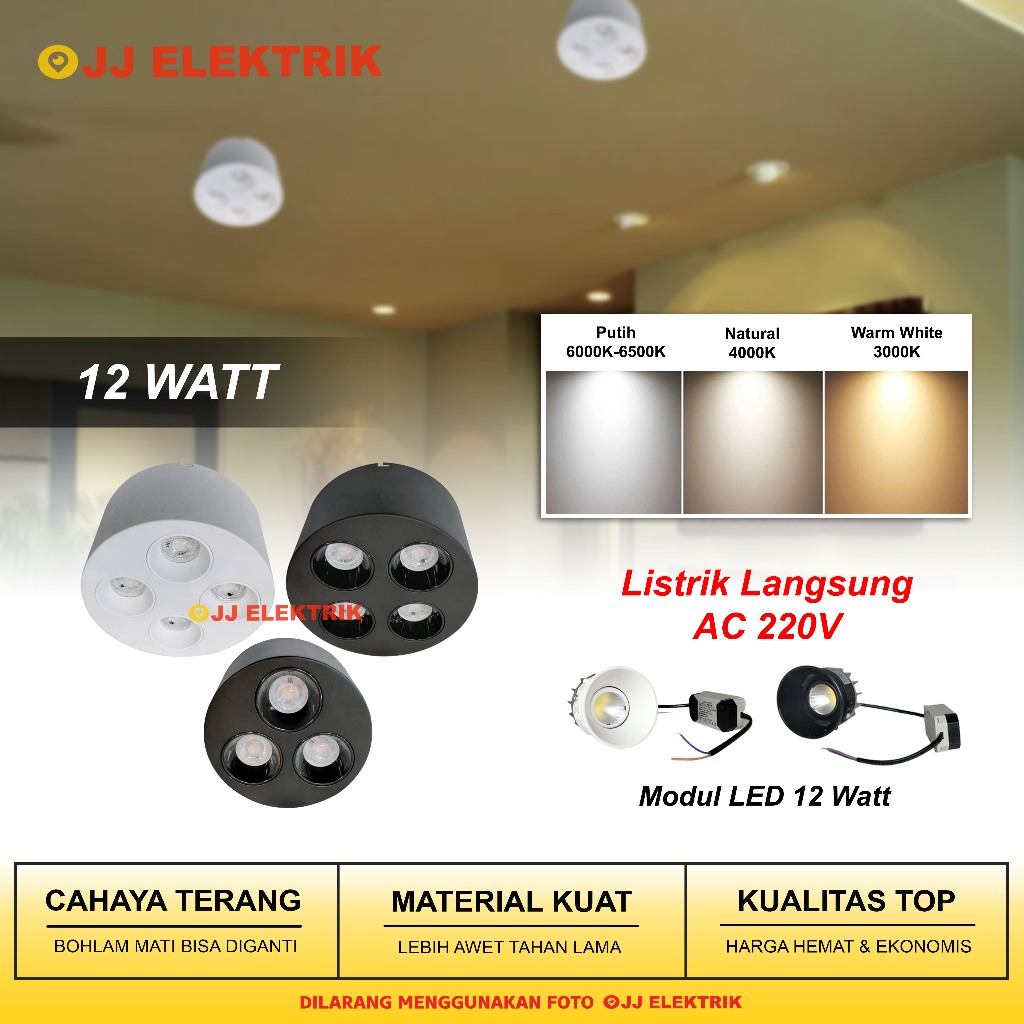 Lampu Sorot Tempel Plafon 3 Mata 4 Mata 12W - Downlight Outbow LED COB Hitam Putih