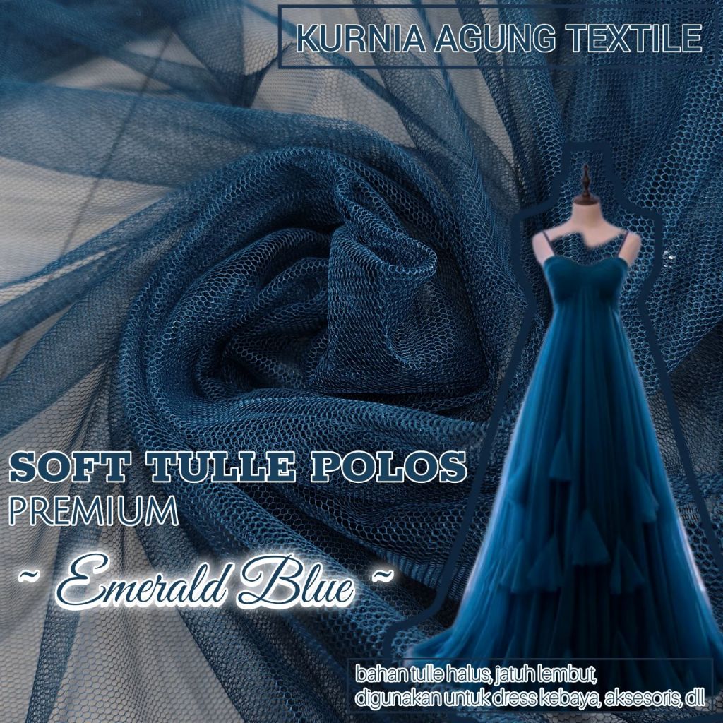 Kain Tile Polos Halus Jatuh warna EMERALD BLUE Bahan Soft Tulle Dekorasi Pesta, Gaun Gamis Premium M