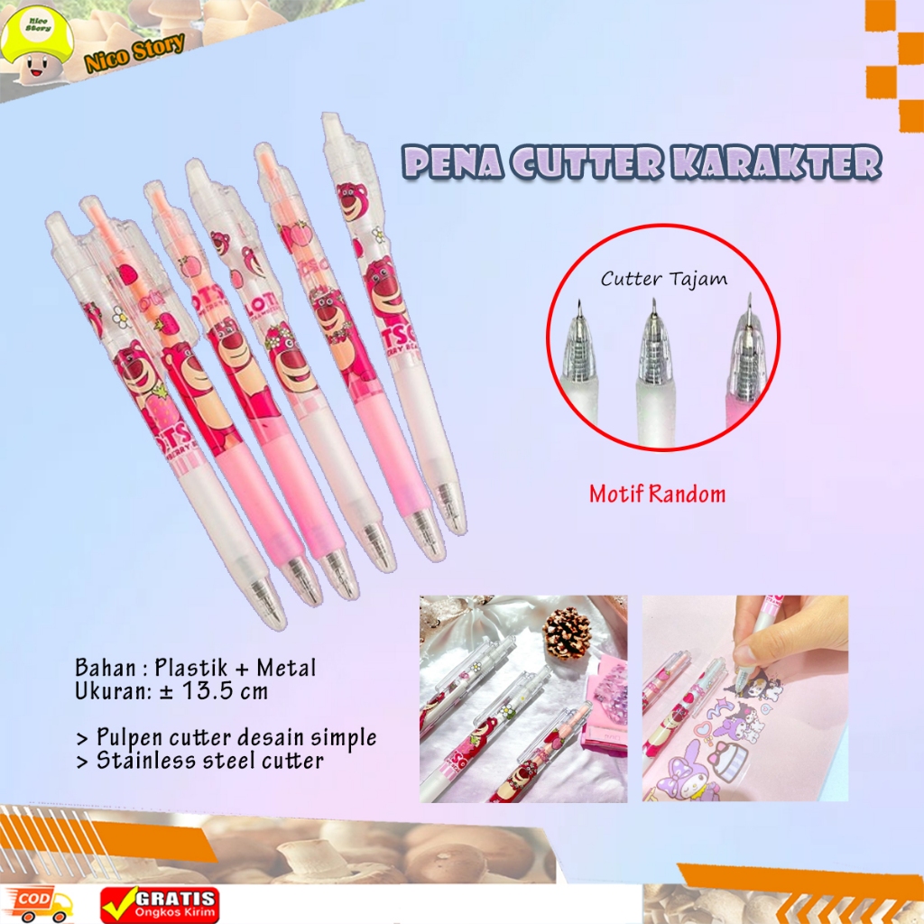 

(NCS) Pena Cutter Karakter Sticker Lancip - Pen Knife Cuter Pemotong Kertas Bentuk Pulpen Lotso Pisau Pencil Kater Bolpoin