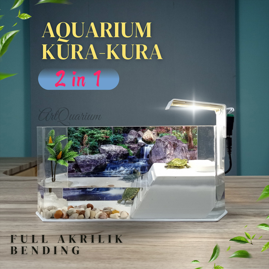 Aquarium kura kura brazil lengkap dengan lampu dan hiasan