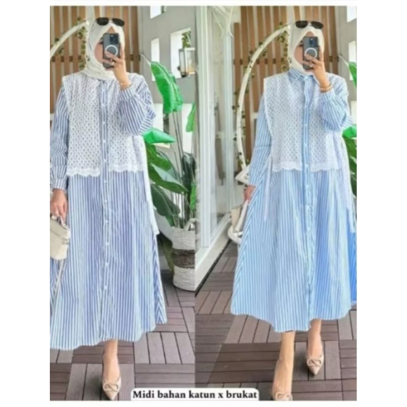 promo Midi Salur Mix Brukat Jumbo XXL | Dress Wanita Lengan Panjang | Midi Dress Korean Style
