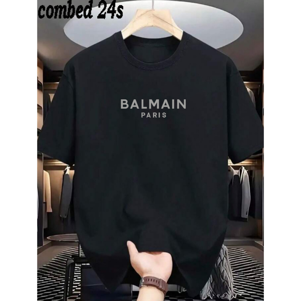 promo Kaos Distro Lengan Pendek Logo Balmain tek Silver, Kaos Pria Dan Wanita Premium