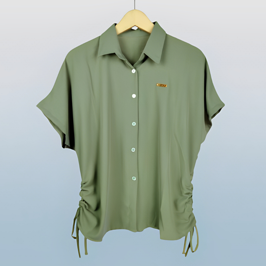 blouse wanita crinkle polos lengan pendek tali pinggang