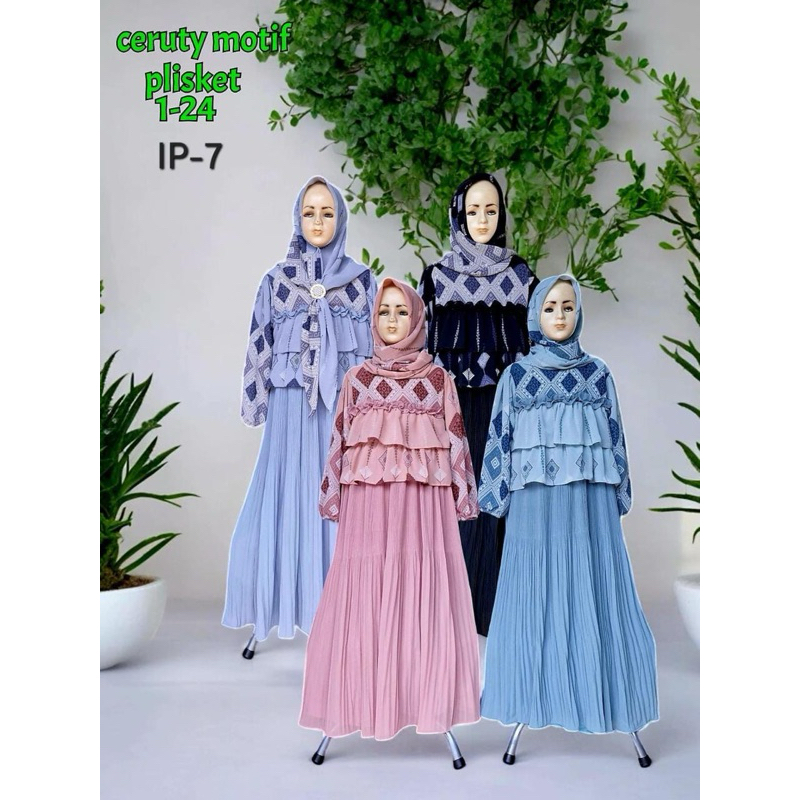 gamis ceruty motif kombinasi plisket