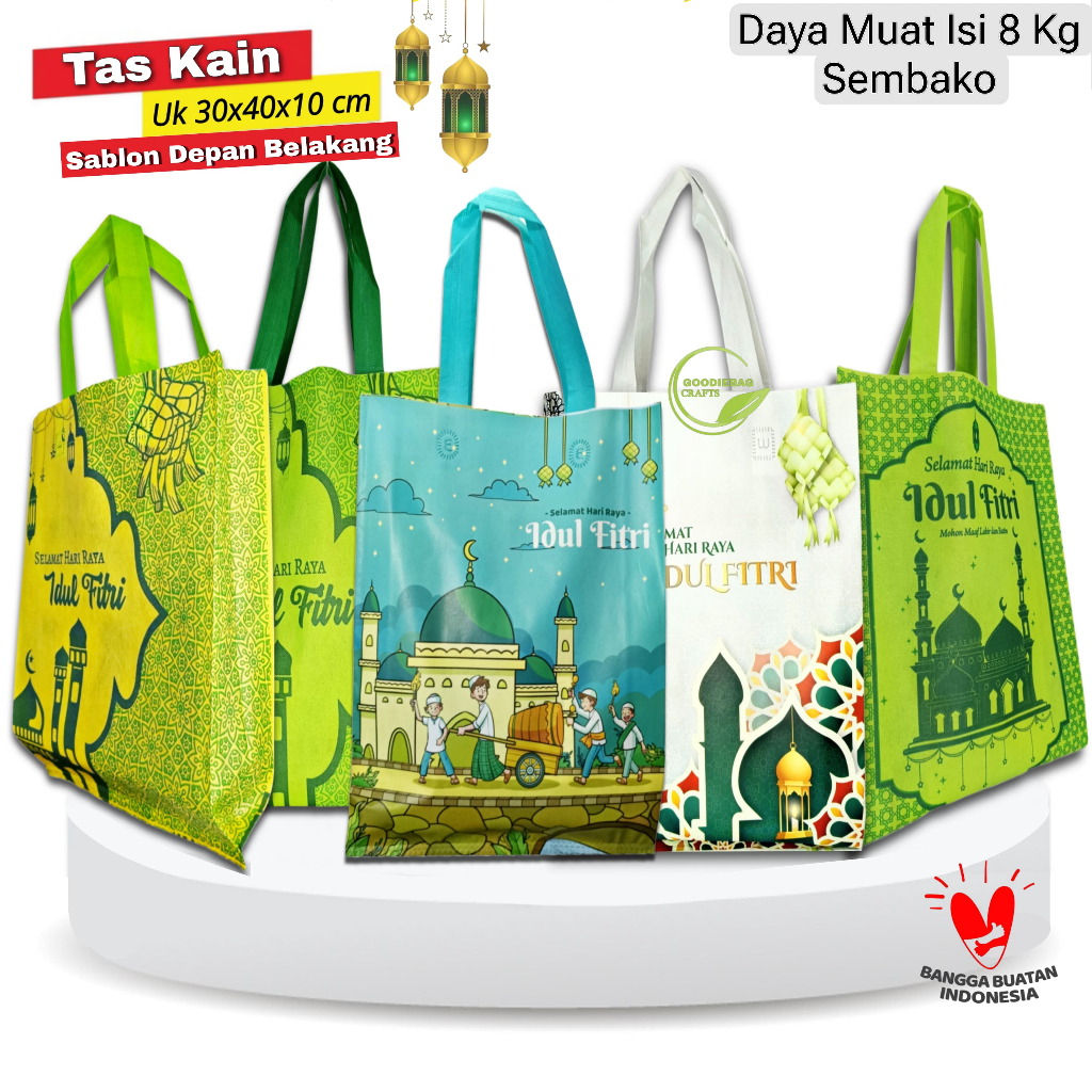 

Lusinan | Goodie Bag kantong kain Spunbond Motif Lebaran Idul Fitri Ukuran 30x40x10 cm ,Cocok Untuk Wadah Sembako , Hantaran , Wadah Sayuran , Bingkisan THR , Parcel , Kaleng Biskuit , Toples kue , Sirup ,Thinwall , Mika Bento , Ompreng Baskom , Kantong