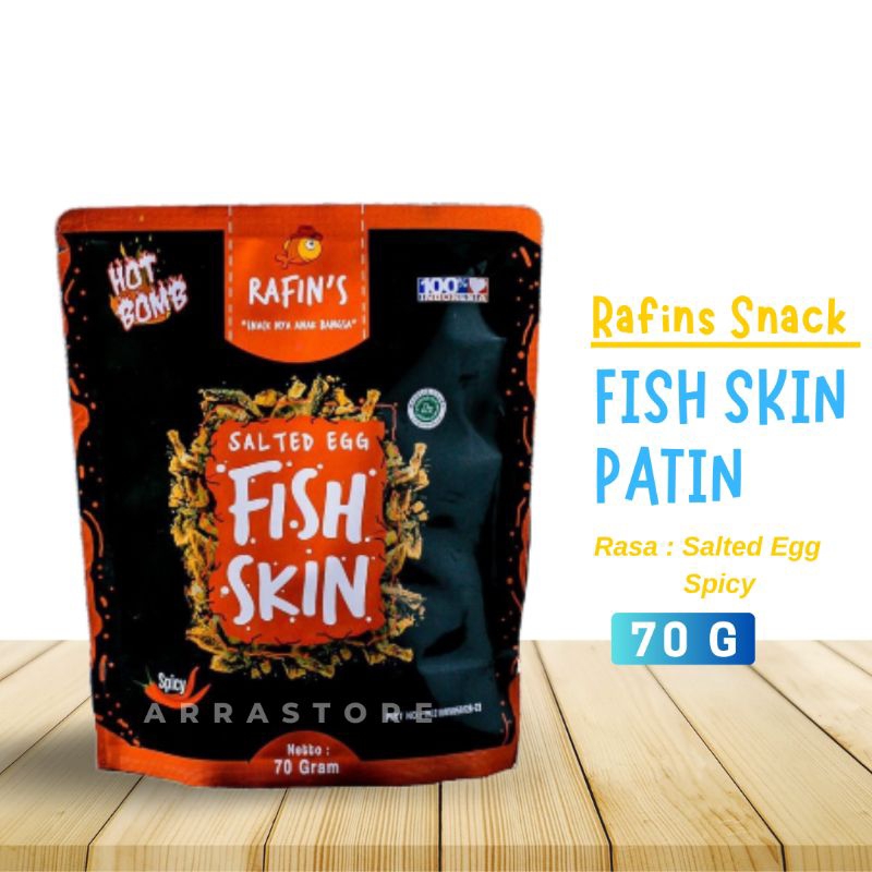 

FISH SKIN SNACK Keripik kulit ikan Patin Salted Egg Spicy Rafins Snack Higienis dan Bergizi