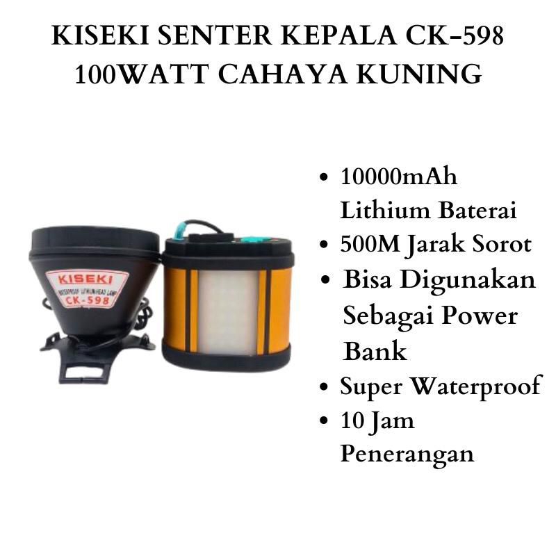 Kiseki Senter Kepala CK-598 100Watt Cahaya Kuning Anti Air Senter Kepala Super Terang Tahan Lama