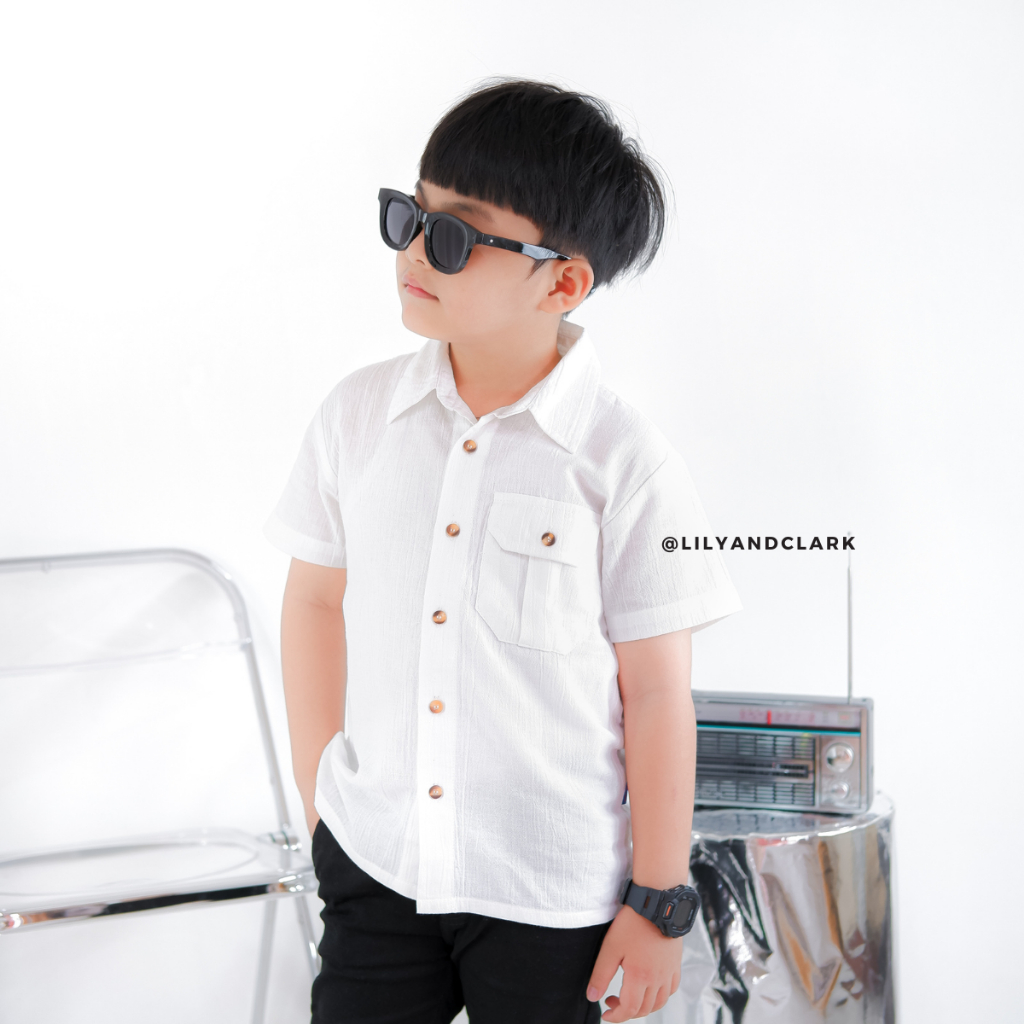 LILY AND CLARK Kemeja pendek linen crinkle warna Putih KLK02