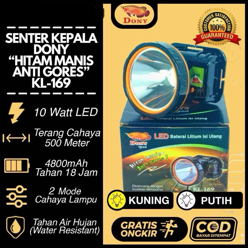 SENTER KEPALA LED DONY 10w 10 WATT KL-169 "ANTI GORES" ORI ANTI AIR TAHAN LAMA OUTDOOR