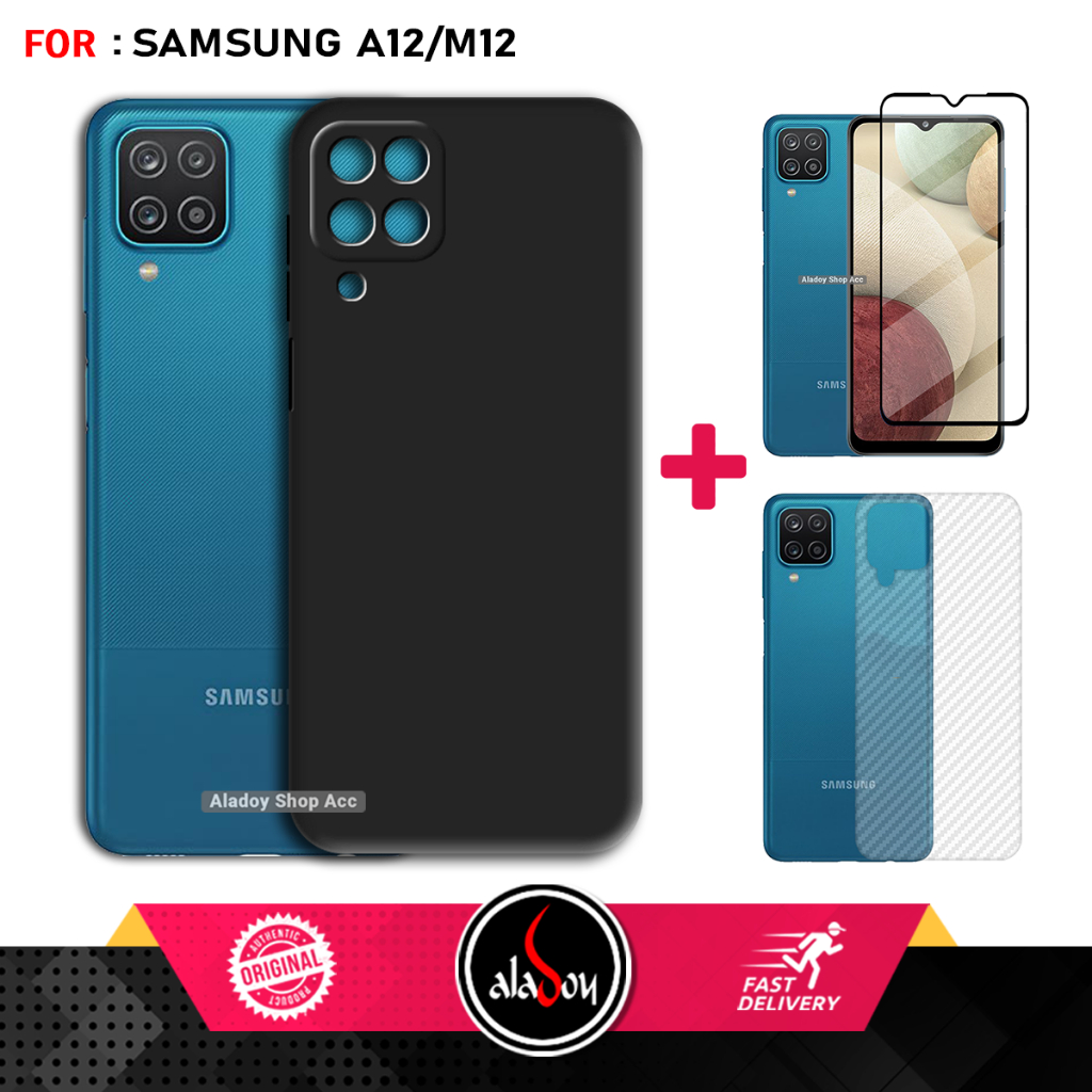 Soft Case Samsung A12 M12 Casing Silicone Free Tempered Glass dan Skin Carbon