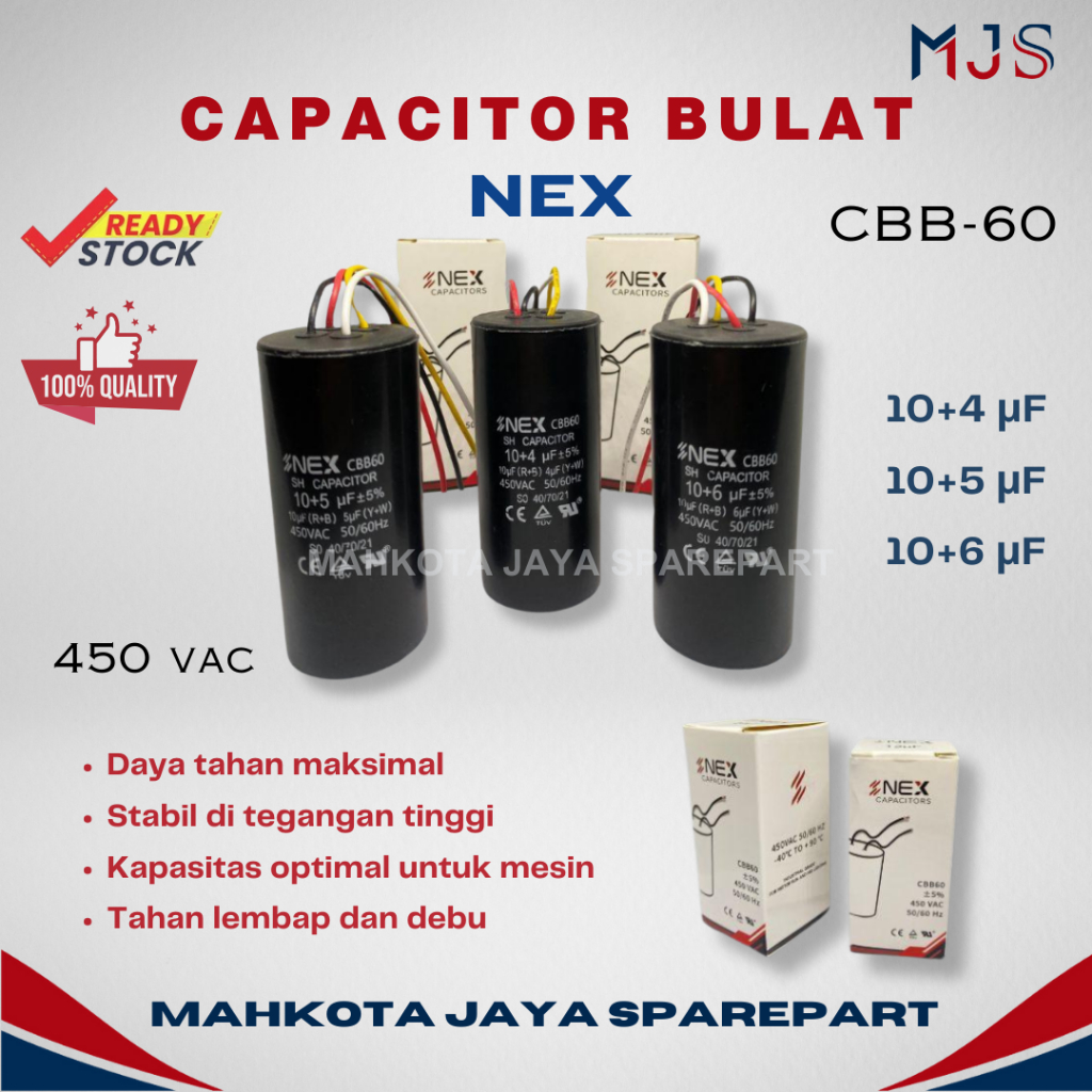 CAPACITOR BULAT NEX kapasitor bulat plastik CBB60 CBB 60 uk 10+4 uf / 10+5 uf / 10+6 uf / 11+3 uf / 