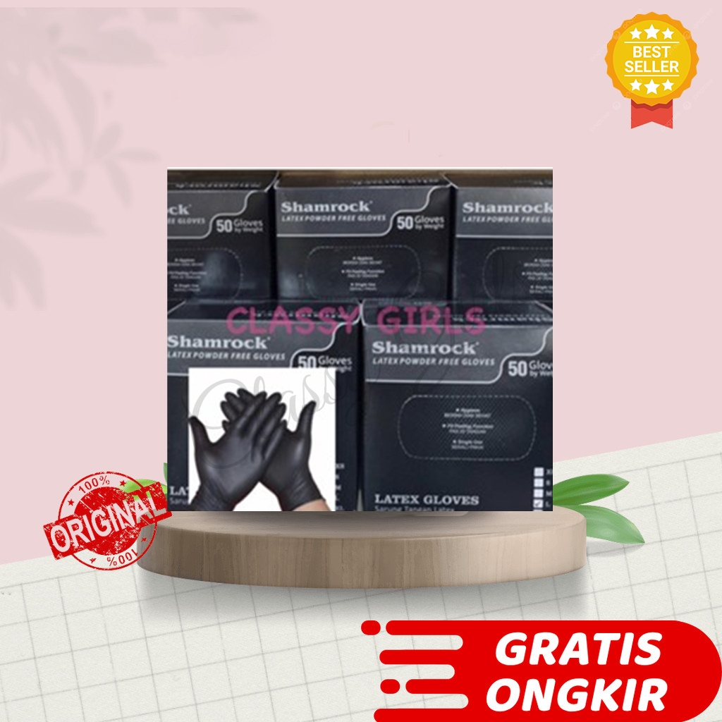 SARUNG TANGAN GLOVES LATEX HITAM SHAMROCK POWDER FREE 50 PCS