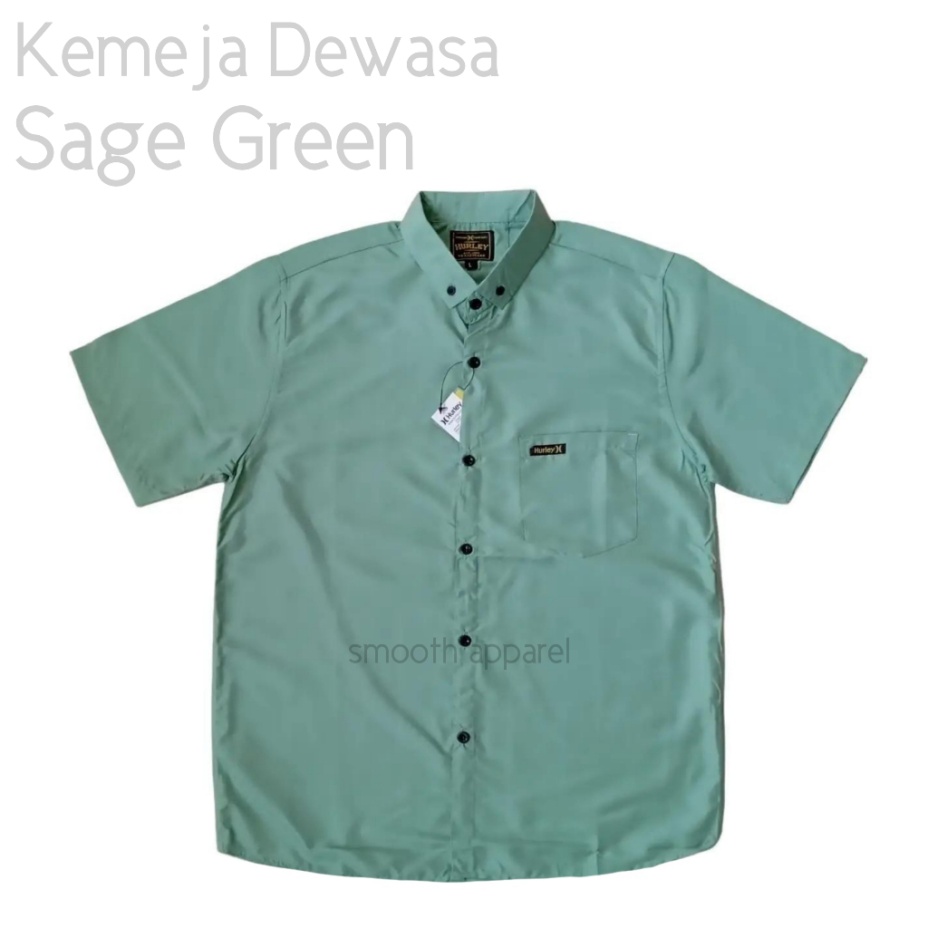 Kemeja Polos Warna Sage Green Hem Pria Lengan Pendek Hijau Muda Laki Cowok Dewasa Spesial Ramadhan