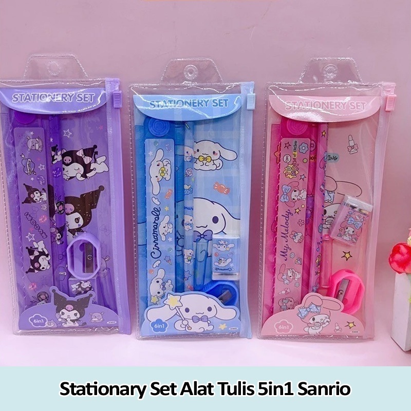 

Stationary Set alat tulis 5in1 Sanrio Kuromi Cinnamoroll Melody isi pensil penghapus peraut penggaris warna sangat cantik cocok untuk belajar anak sekolah PAUD Preschool TK SD