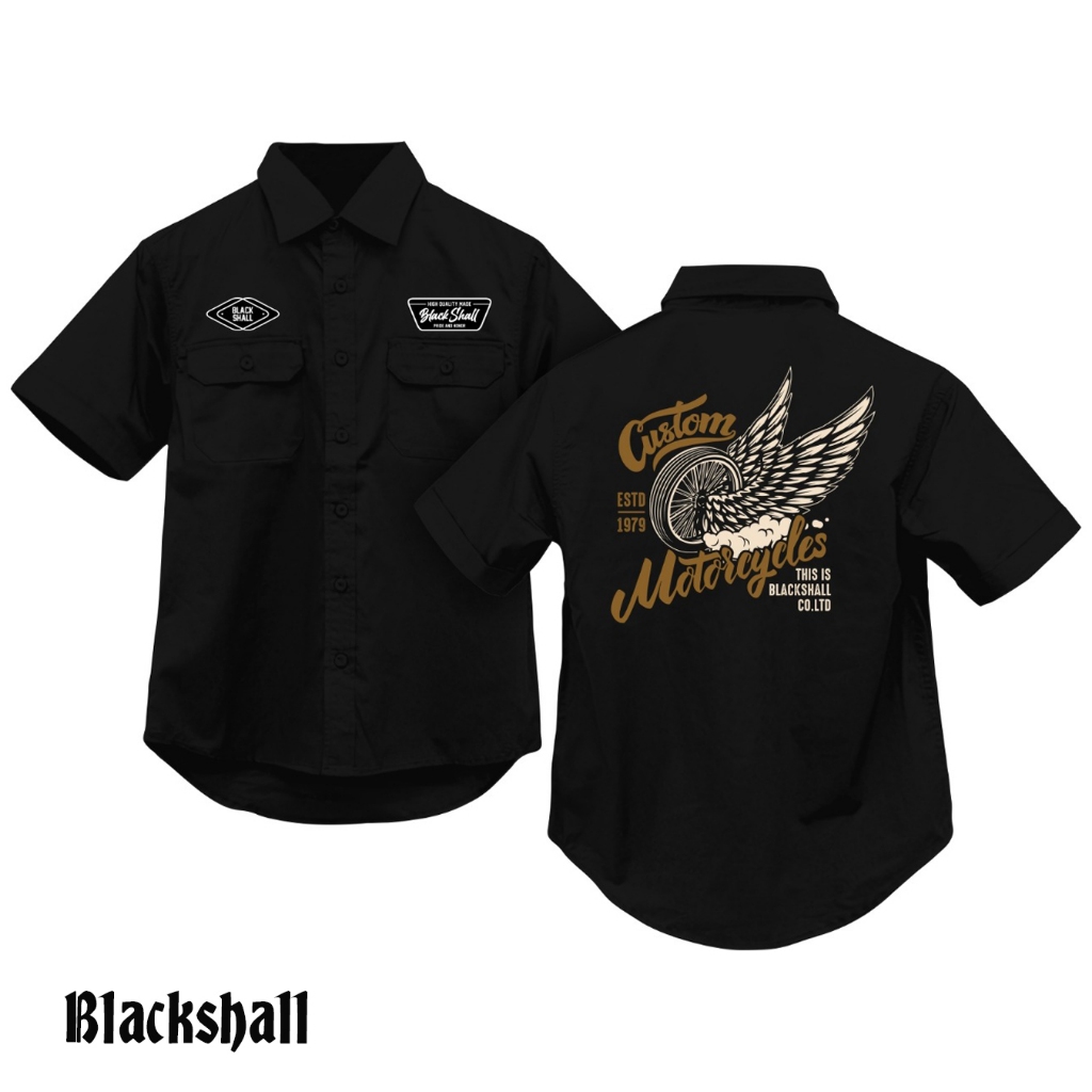 Workshirt Kemeja Pendek Hitam / Kemeja Custom Motor Blackshall