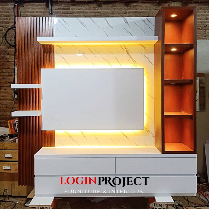 [KHUSUS PULAU JAWA, MADURA & BALI] Backdrop TV Duduk / Tempel Lantai - Backdrop TV Minimalis - Kabin