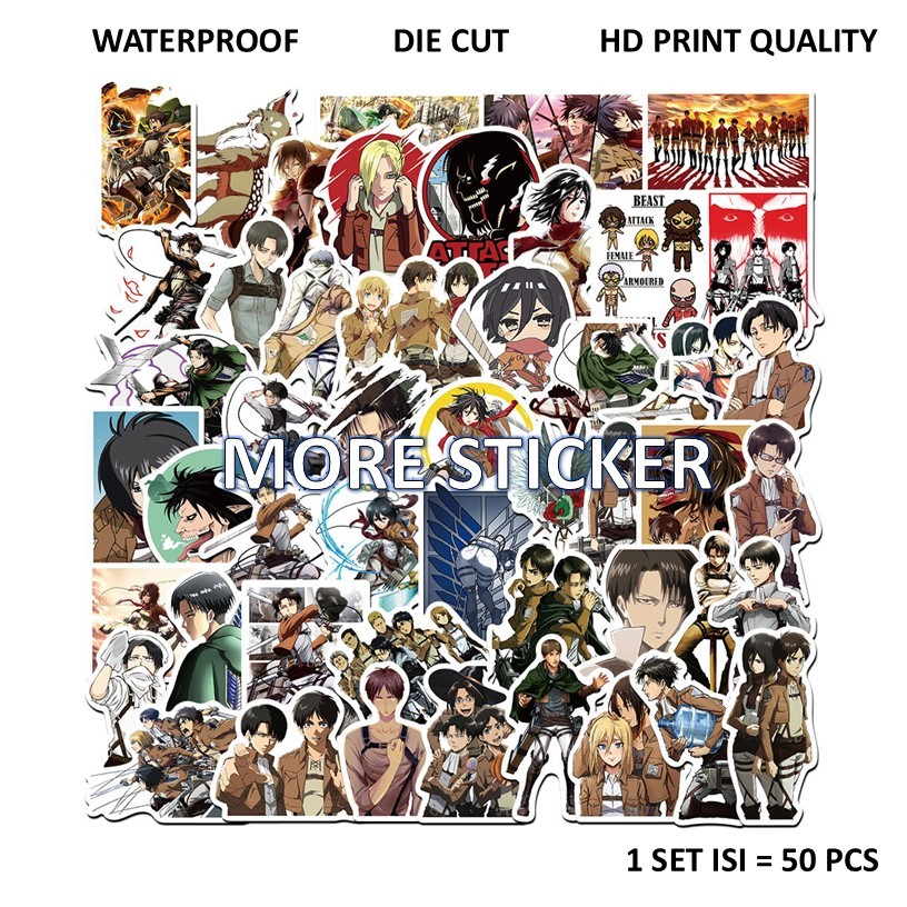 

ISI 50 PCS STICKER PACK MOTIF ANIME AOT ATTACK ON TITTAN EREN YEGER PVC VINYL WATERPROOF UKURAN 4-5CM HP LAPTOP KOPER HELM MOTOR