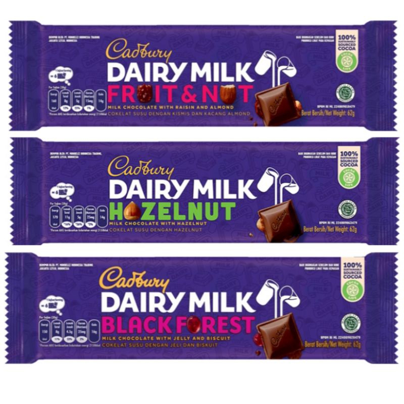 

Cadbury Coklat varian Fruit & Nut Black Forest hazelnut 62 g