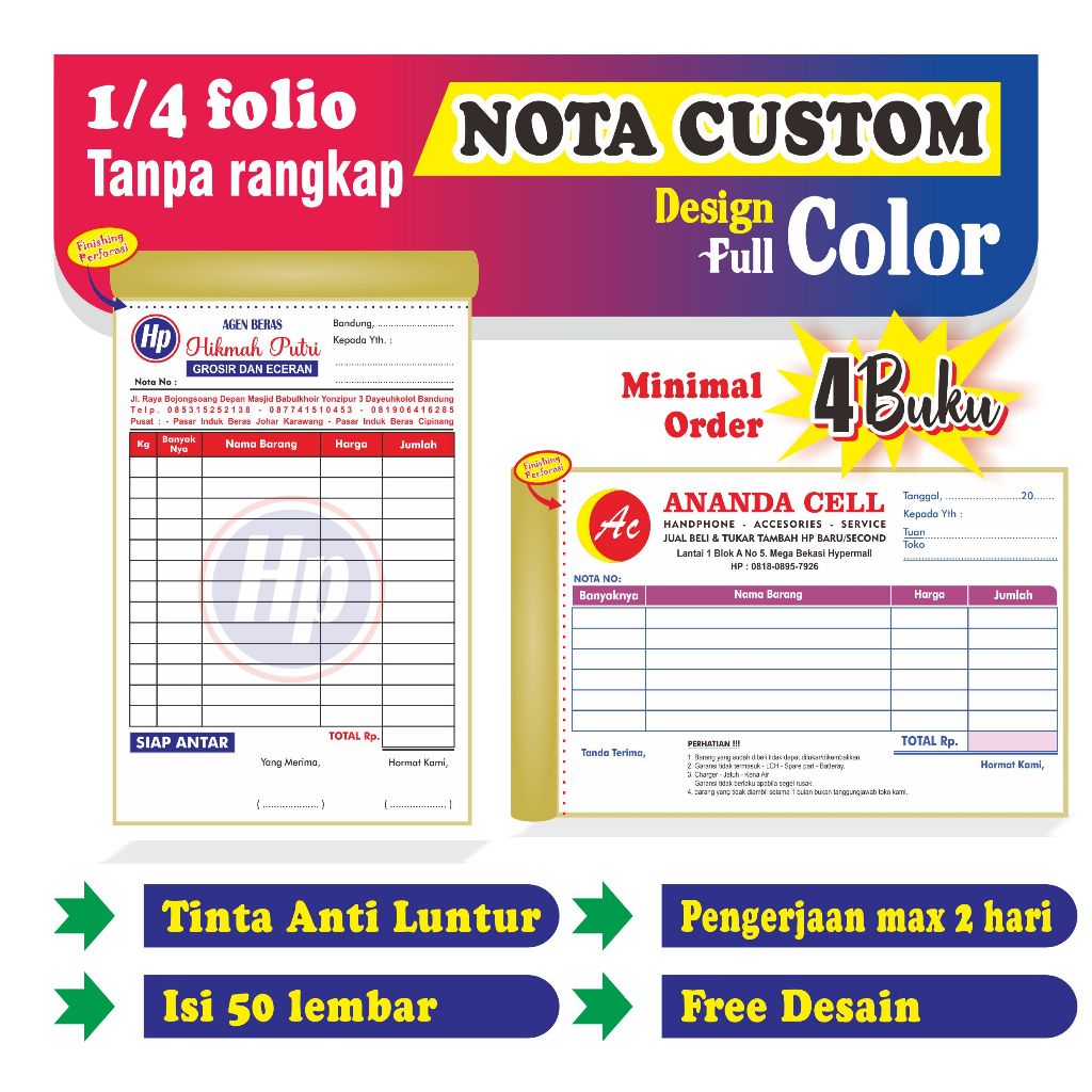 

Nota Kontan Custom Full Color tanpa rangkap ukuran 1/4 folio gratis desain bisa satuan