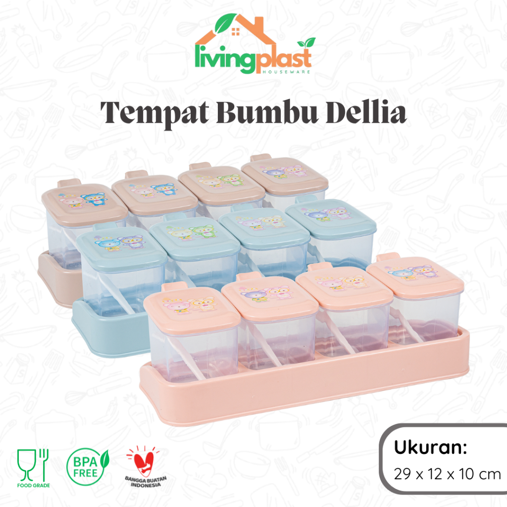 Tempat Bumbu Set Dellia / Tempat Bumbu Isi 4 / Rak Bumbu Dapur / Kotak Bumbu Unik