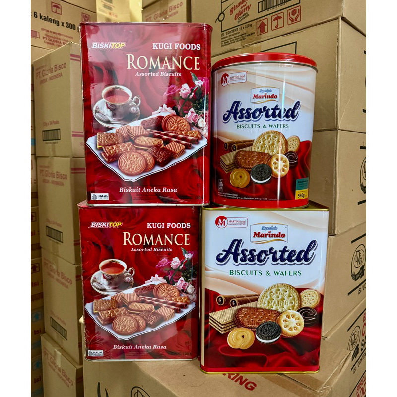 

Biskitop Romance kaleng 700gr / Marindo assorted kaleng segi 600gr & bulat 550gr per pcs/kaleng